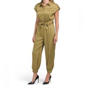 NWT Rachel Zoe Satin Jogger Jumpsuit with Shirt Collar in Green | Size XS